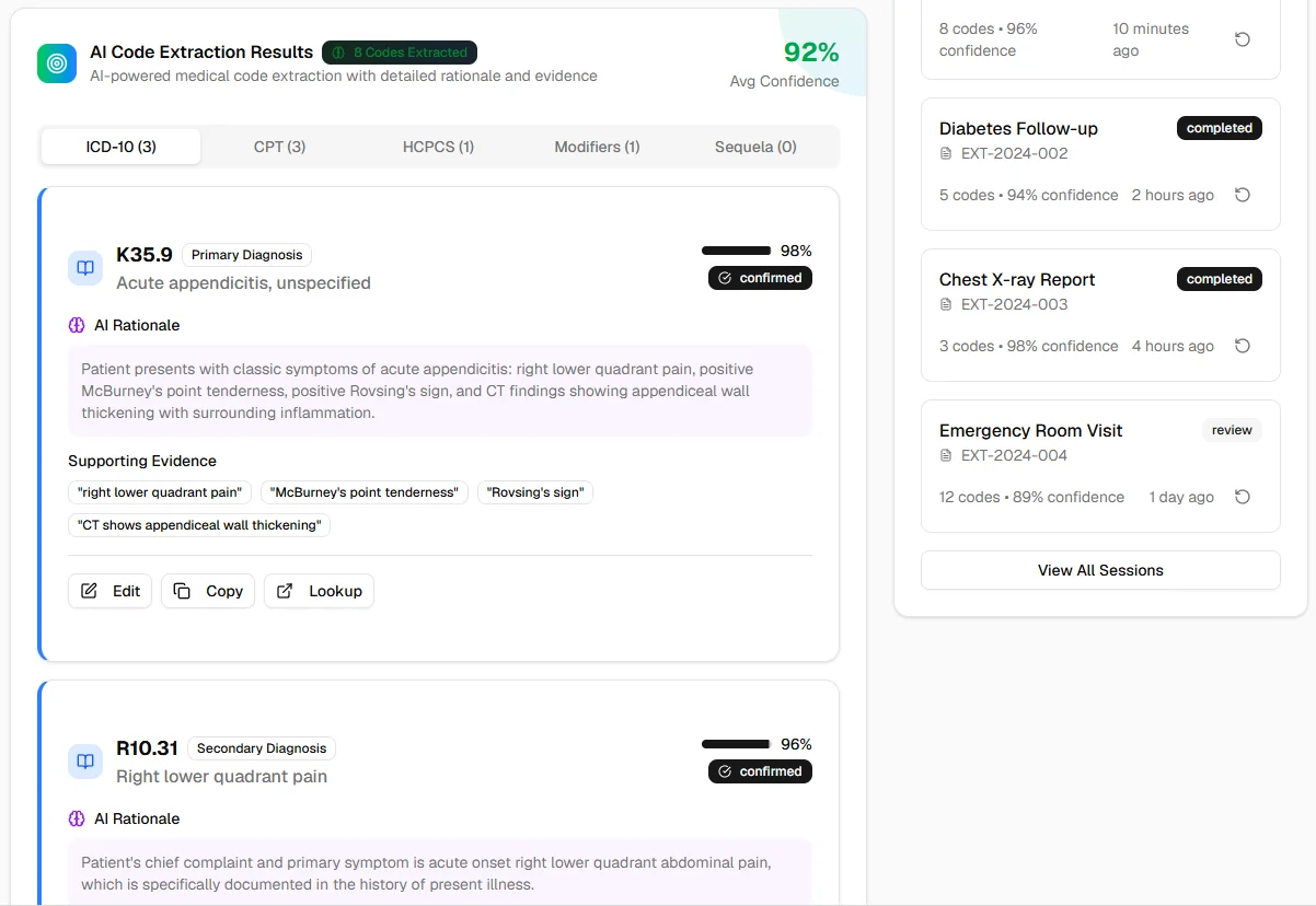 Intelligent ICD/CPT Code Assignment showing AI-powered code suggestions and accuracy metrics